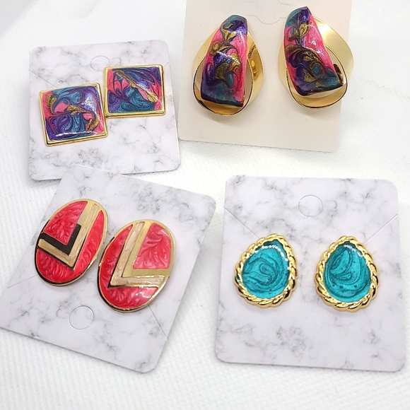 Colorful Enamel Women's Earrings Set of 4 - Picture 1 of 17